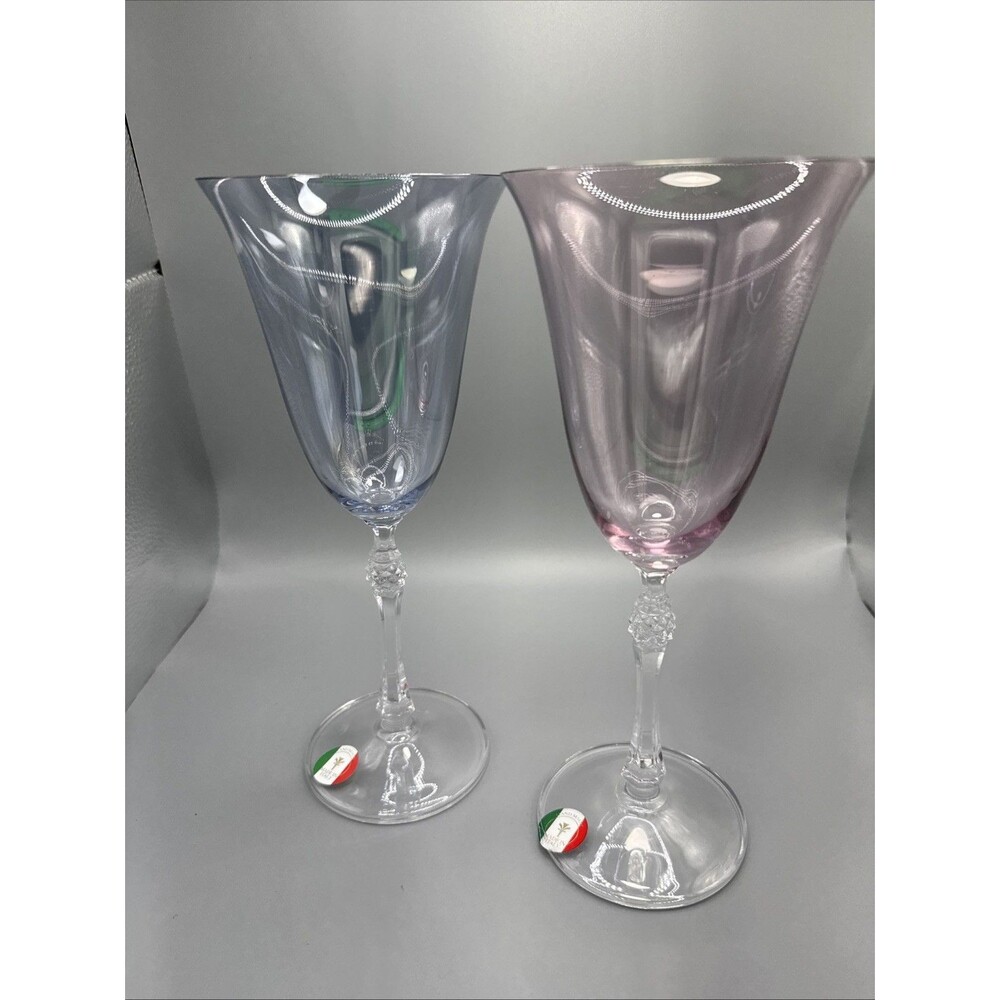 2 Italian Crystal 9 inch Elegant Wine Water Goblets Pink Blue His Her New No Box